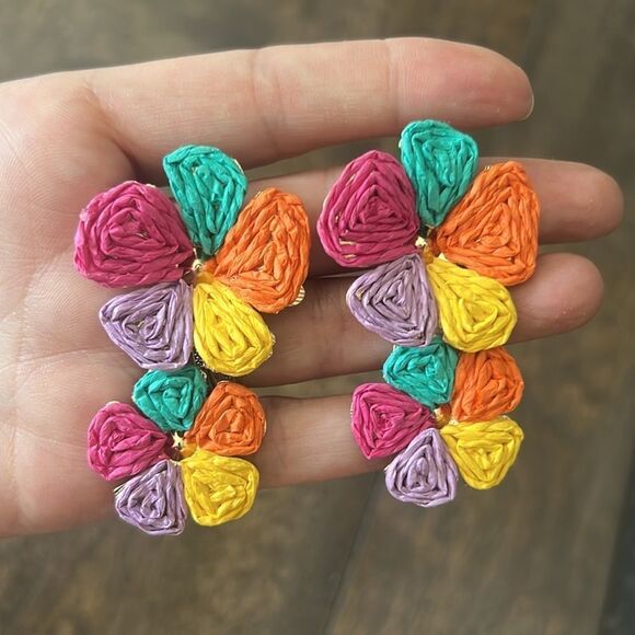 Flower Drop Earrings Floral Raffia Boho Statement Dangle Trendy Cute Earrings - Picture 6 of 9